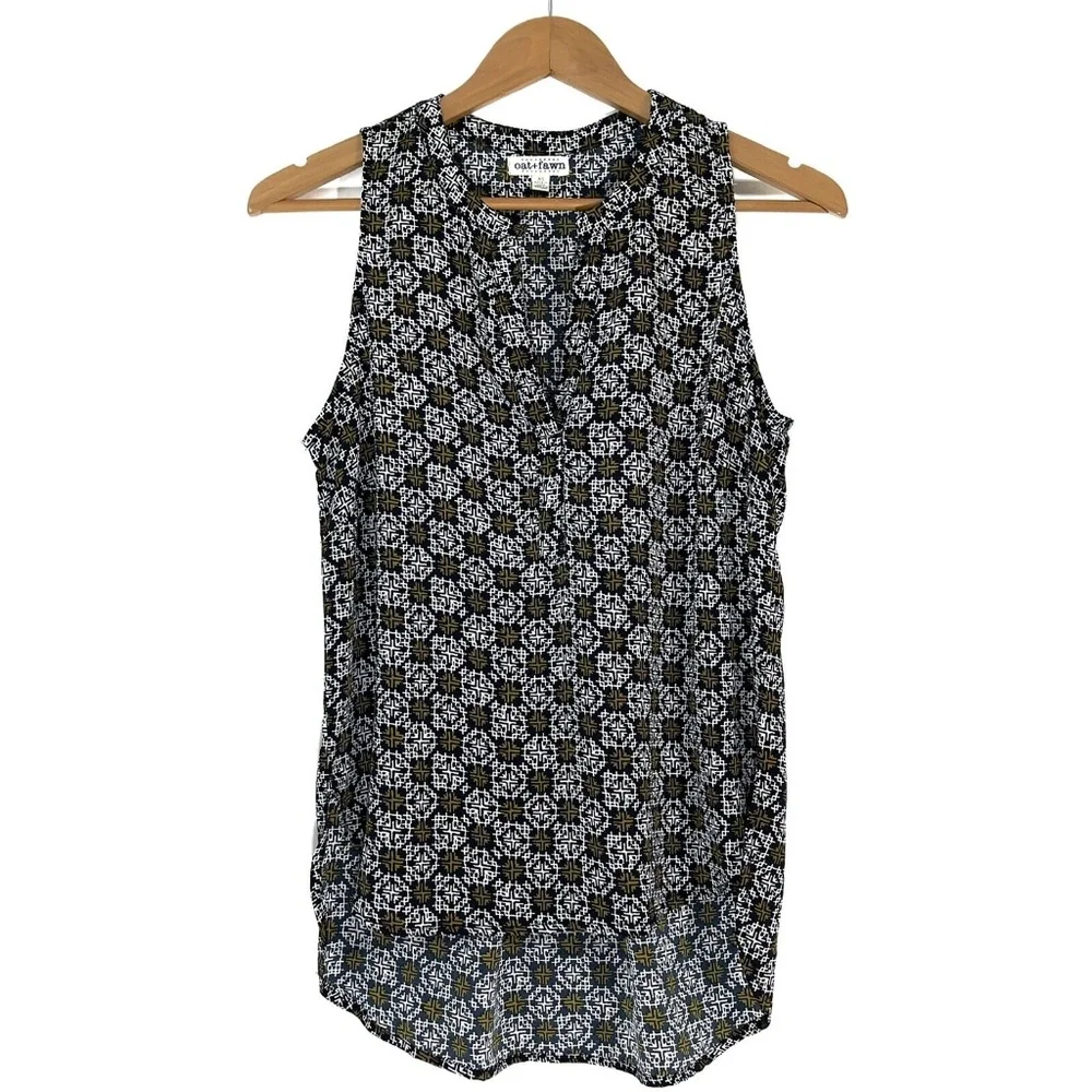 Oat + Fawn Women’s Size XS Blue Printed V Neck High Low Sleeveless Casual Blouse - Picture 1 of 11